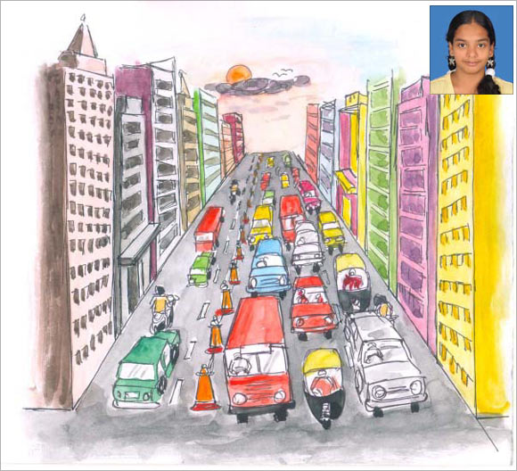 An artists's impression of S Charishma's (inset) solution to tackle traffic congestion.