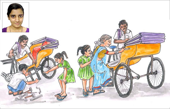 An artist's impression of the rickshaw by Mansi Priya (inset)