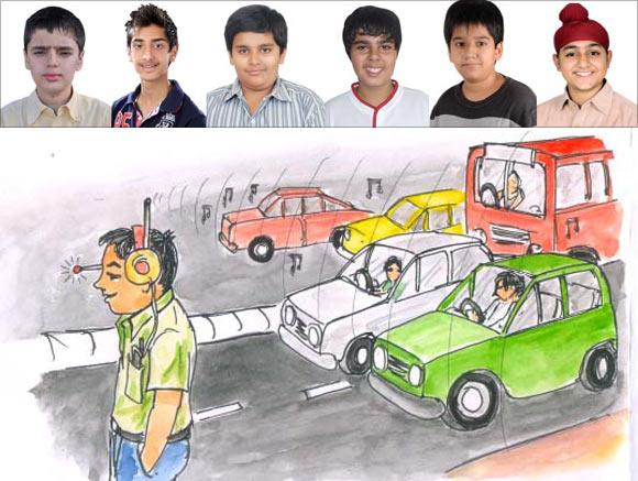 An artist's impression of the innovative headphone by (LtoR) Lakshya Kaura, Naman Jain, Manav Mitra, Utkarsh Hora, Amrit Dang and Sehaj Kataria