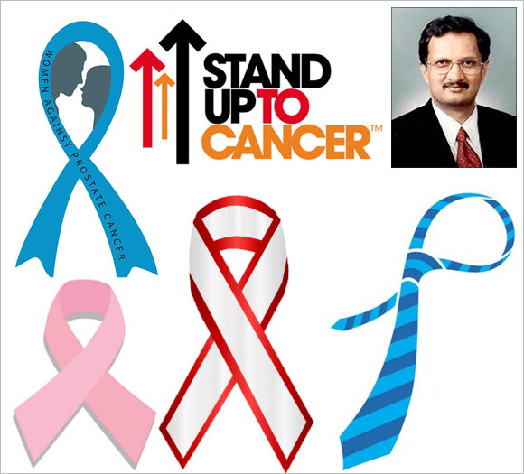 Logos of various organisations that support the fight against cancer and (Inset) Dr P K Jagannath