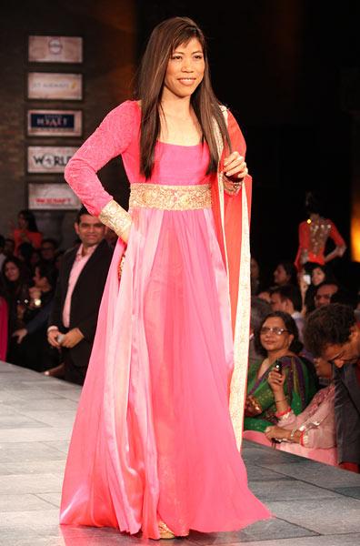 Mary Kom walks the ramp for designer Manish Malhotra in 2012. Photograph: Hitesh Harisinghani/Rediff.com