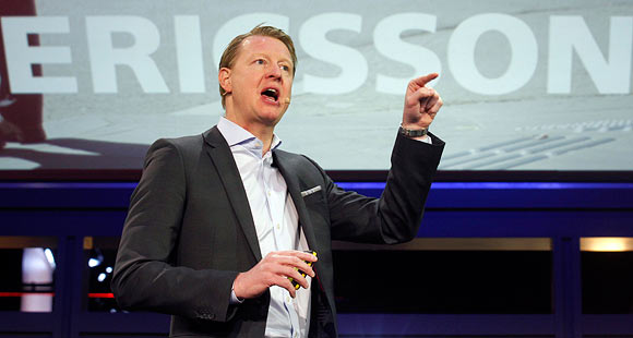 Ericsson's President and CEO Hans Vestberg gestures during a news conference at the Mobile World Congress at Barcelona, February 25, 2013.