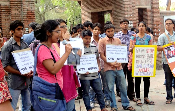 Students of Sri Ram College of Commerce in Delhi express their solidarity during a protest march