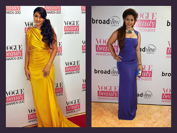 (L-R) Tanisha Mukherjee at the 2012 Vogue Beauty Awards and in 2013
