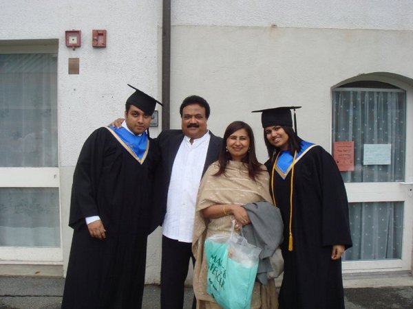 Pooja Dhingra with her parents Jaikishan and Seema and her brother Varun on the day of their graduation from Cesar-Ritz, Switzerland.