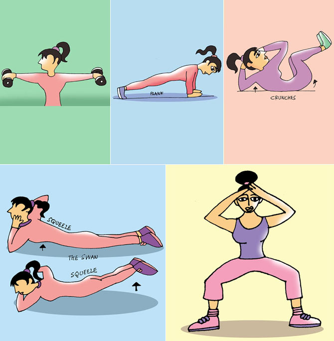 Clockwise from top left: Lateral raises, the plank, abdominal crunches, the platypus walk and the swan