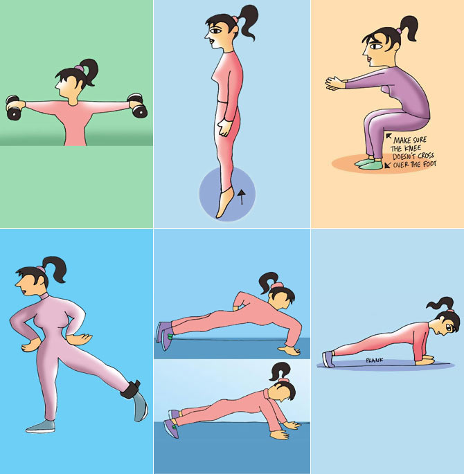 Clockwise from top left: Lateral raises, heel raises, squats, the plank, push-ups and leg abductions