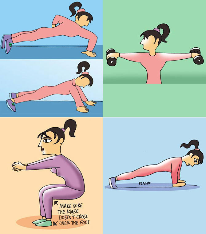 Clockwise from top left: Push-ups, lateral raises, the plank and squats