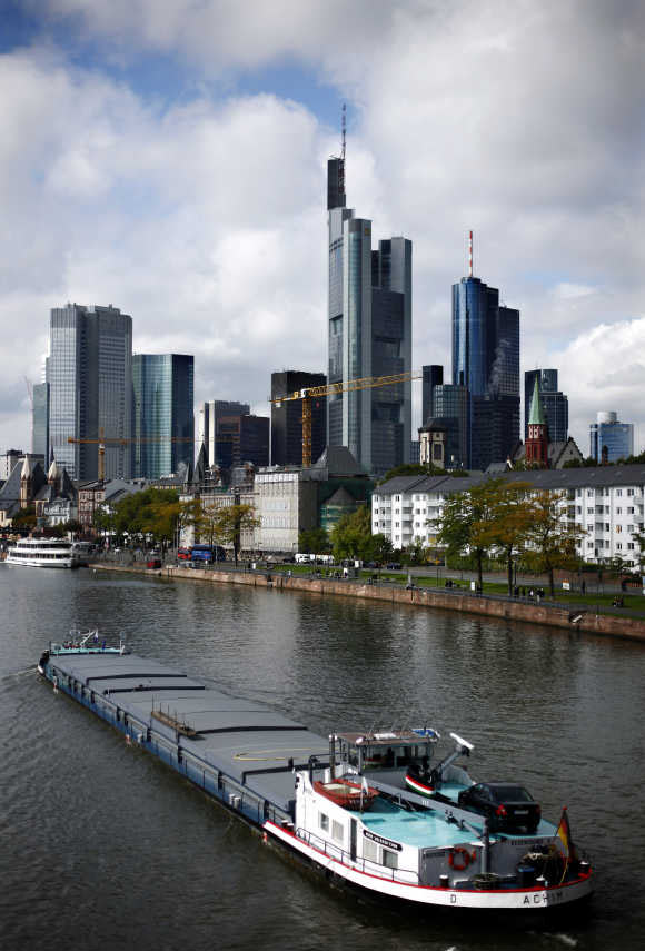 The skyline of Frankfurt with its bank towers is seen under clouds