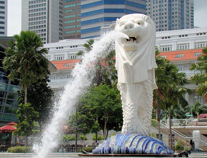 A statue in Merlion Park near the Central Business District in downtown Singapore.