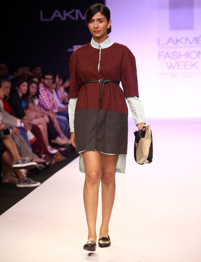 A model presents an travel outfit designed by Nishka Lulla