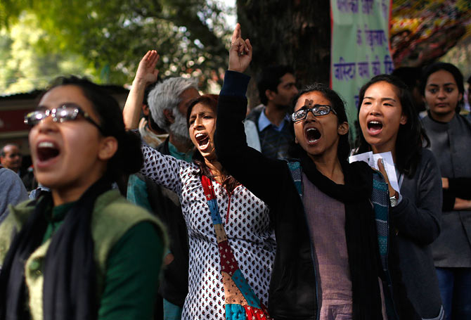 Demonstrators during a protest for stringent rape laws near Parliament in New Delhi February 21, 2013.