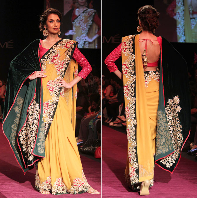 Model Sanea Sheikh showcases a Shyamal and Bhumika creation.