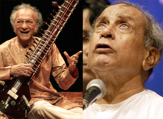 Indian legendary sitar player Ravi Shankar and (right) Pandit Bhimsen Joshi