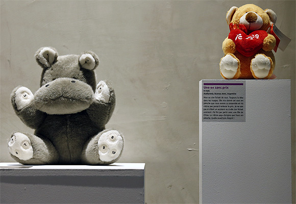 Stuffed animals, a hippopotamus and a bear from an ex-girl friend, are displayed at the Museum of Broken Relationships
