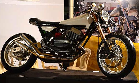 A highly modified Yamaha RD350 at one of the stands at IBW