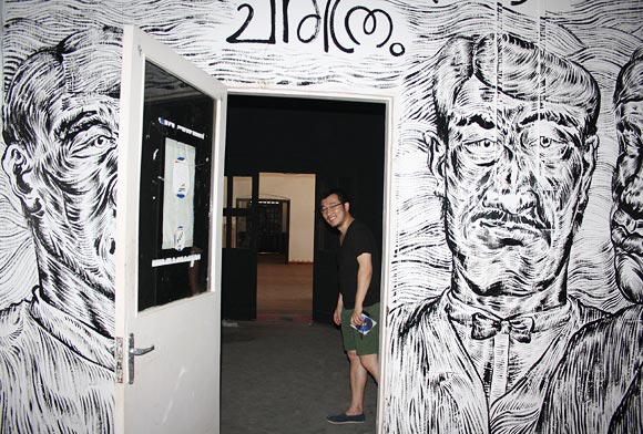 Sun Xun's installation incorporates text written in Malayalam.