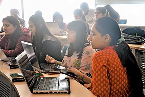 Students attend a class at  the Jindal Law School, Sonipat, which offers both the five-year and three-year LLB programmes for Class 12 pass-outs and graduates