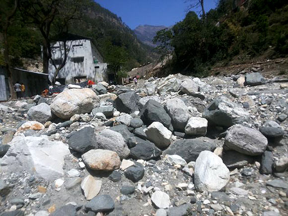 The dried up Asi Ganga, a tributary of river Ganga, near Chamoli in Uttarakhand