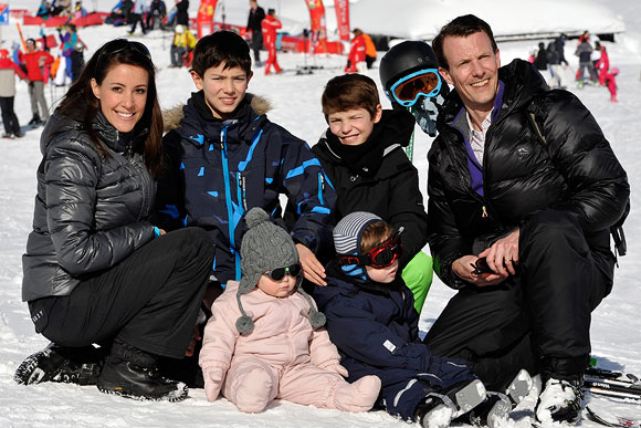(Clockwise from top left) Princess Marie, Prince Nikolai, Prince Felix, and Prince Joachim, Prince Henrik and Princess Athena of Denmark meet the press whilst on a skiing holiday in Villars on February 13, 2013 in Villars-sur-Ollon, Switzerland