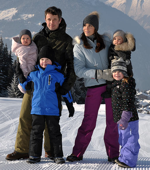 (Clockwise from top left) Princess Josephine, Crown Prince Frederik, Princess Mary, Prince Vincent, Princess Isabella and Prince Christian of Denmark meet the press whilst on a skiing holiday in Verbier on February 12, 2012 in Verbier, Switzerland