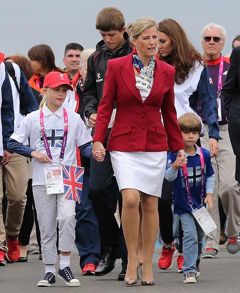 (L-R) Lady Louise Windsor, Sophie, Countess of Wessex, and James Windsor, Viscount Severn leave Eton Dorney after the rowing on day 4 of the London 2012 Paralympic Games at Eton Dorney on September 2, 2012 in Windsor, England