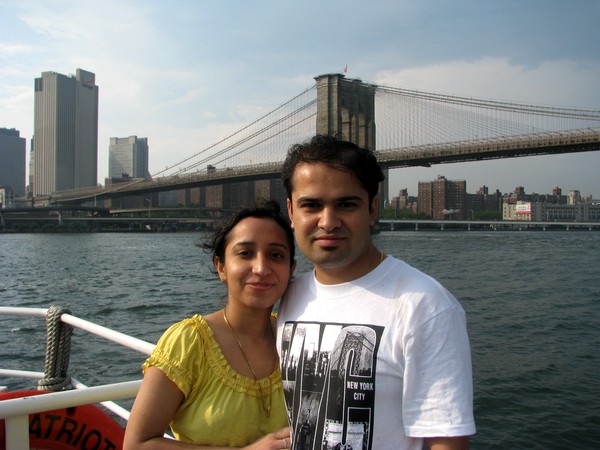 The author with his wife Kiran Chhabra and the iconic Brooklyn Bridge in the backdrop.