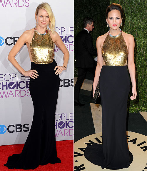 Naomi Watts and (right) Chrissy Teigen in Alexander McQueen