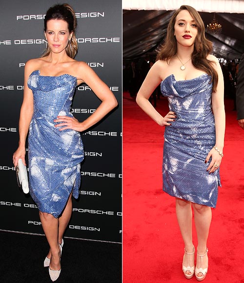Kate Beckinsale and (right) Kat Dennings in Vivienne Westwood