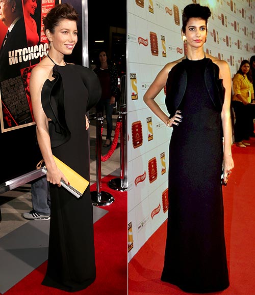 Jessica Biel and (right) Poorna Jagannathan in Gucci