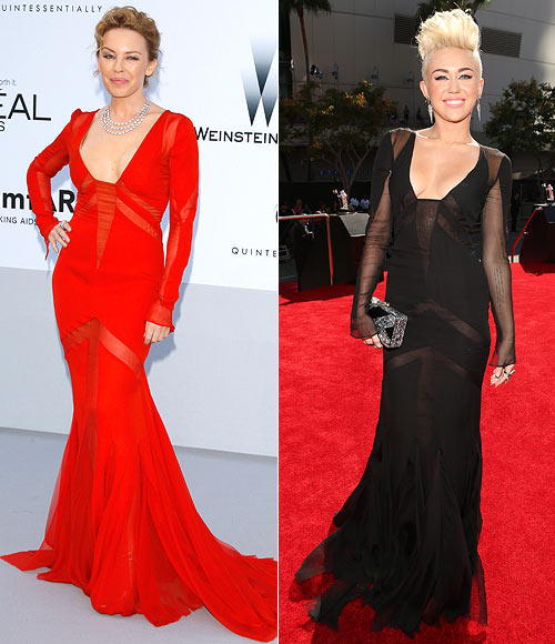 Kylie Minogue and (right) Miley Cyrus in Emilio Pucci