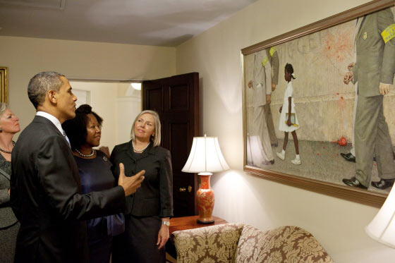 Barack Obama and Ruby Bridges (in blue) appreciate an illustrated painting depicting the latter, an African American going to an all-white school