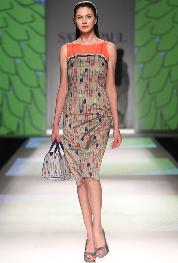 A model wears an outfit by Masaba whose debut collection for Satya Paul was titled Every Neon Counts.