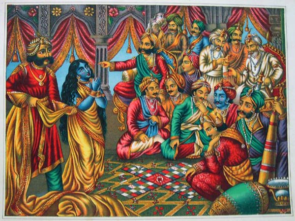 Draupadi prays to Krishna for protection while a court attendant attempts to remove her sari