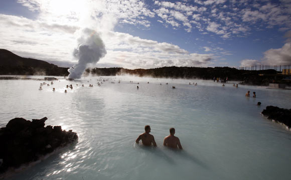 Bathers swim in the geothermal hot springs at Iceland's Blue Lagoon near Grindavik. The blue colour of the water is caused by minerals and a blue green algae.
