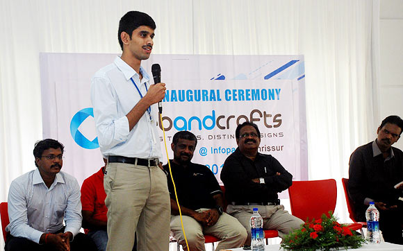 Abin Jose addresses the audience at the launch of Webandcrafts in Thrissur