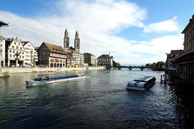 A view of the serene Limmat river of Zurich, Switzerland