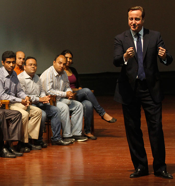 British Prime Minister David Cameron interacts with students at IIM Calcutta