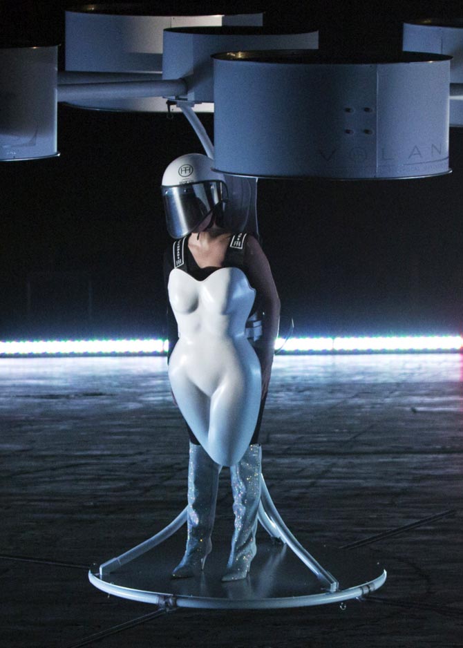 Lady Gaga flies with the Volantis, a flying dress, at the artRave release event of her new album Artpop in New York. k November 10, 2013. The event included a performance from Lady Gaga, alongside the exhibition of different works of art that the popstar created in collaboration with Jeff Koons, Marina Abramovic, Inez & Vinoodh, Robert Wilson, Benjamin Rollins Caldwell and Gaga's own TechHaus for the Artpop campaign.