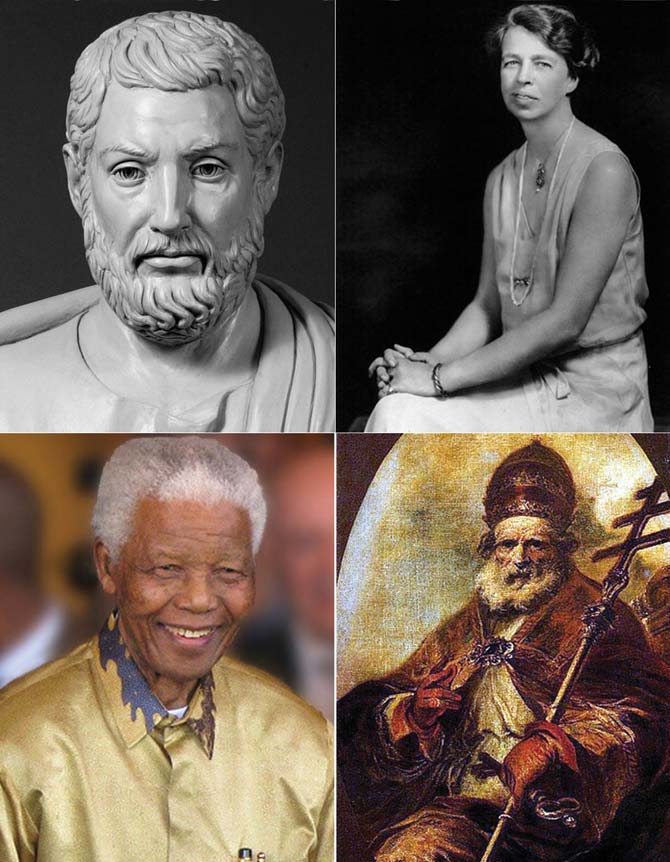 Inspiring leaders (anti-clockwise from top left) Cleisthenes, Nelson Mandela, Pope Leo I and Eleanor Roosevelt