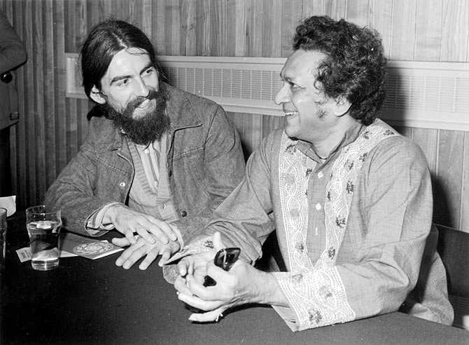 Sitar player Ravi Shankar with his former pupil George Harrison publicising the first ever Indian Festival to be held in Britain.
