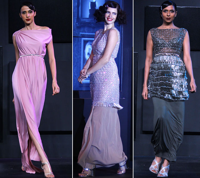 With asymmetric cuts, cylindrical shapes and effective use of the sari-inspired drapes, Neeta Lulla flirts with the '20s and '30s.