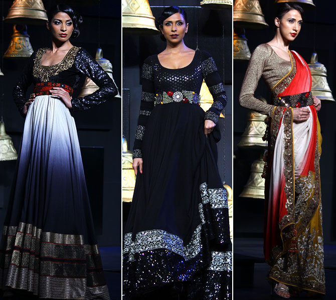 Vikram Phadnis plays up blacks, maroons, golds, beiges, creams and ivories with a hint of embellishment.
