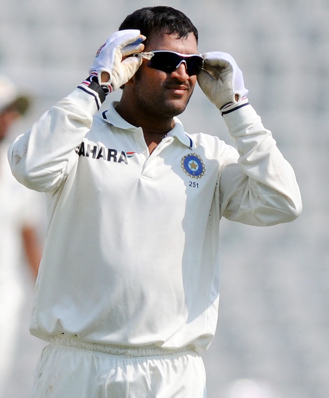 India's captain Mahendra Singh Dhoni during day four of the First Test match between India and Australia at Punjab Cricket Association Stadium on October 5, 2010 in Mohali, India.