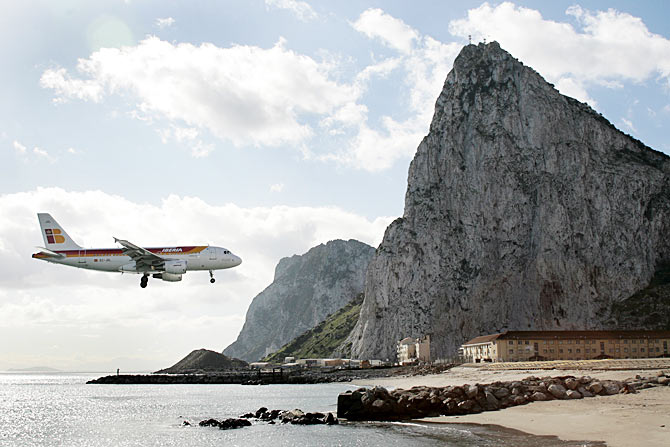 An Iberia aircraft comes in to land during a test at an airport in Gibraltar