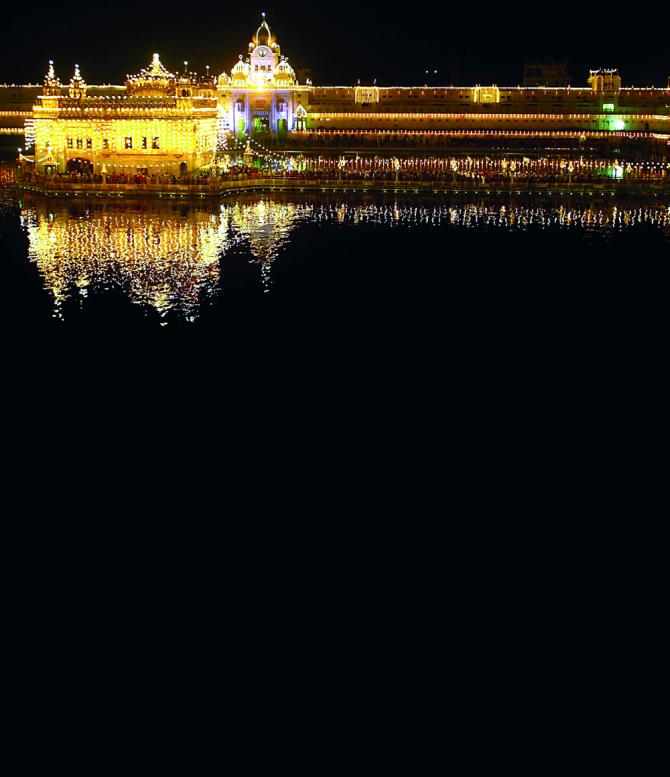 The holy Sikh shrine the Golden Temple, Amritsar, illuminated on the eve of Bandi Chhor Diwas. This Sikh festival coincides with Diwali