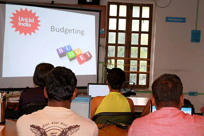 Aspiring entrepreneurs participate in a workshop organised by UnLtd India