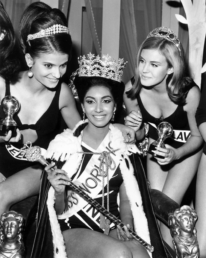 17th November 1966: Miss India, Reita Faria is crowned Miss World 1966 at the Lyceum Theatre, London. Beside her are runners-up Miss Greece (left) and Miss Yugoslavia (Nikica Marinovic), who were awarded third and second place respectively.