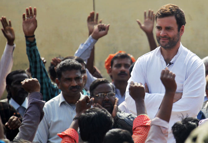 Rahul Gandhi attends an interactive session with the rickshaw pullers ahead of the 2014 general elections in Varanasi.