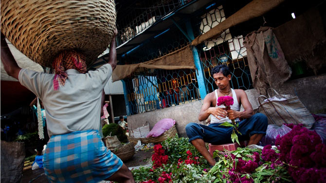 A typical day at a flower market near Kolkata -- the load they have to carry to survive and feed their family is too excessive.